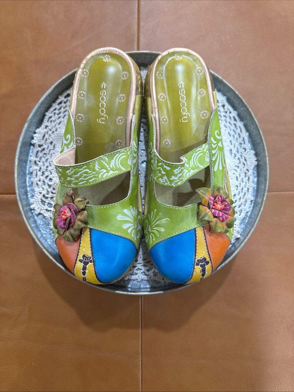 Socofy Womens Leather Flower Power Hippie Euro size 40/ US 9-9.5 Boho platform